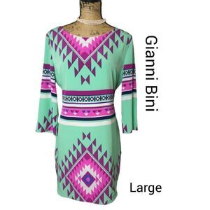 Women's Sheath L Multicolored Scoopneck Long Sleeve Dress Lg Gianni Bini NWOT